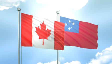 Bandera 3D de Canadá y Samoa en el Cielo Azul con Sol Brillante
