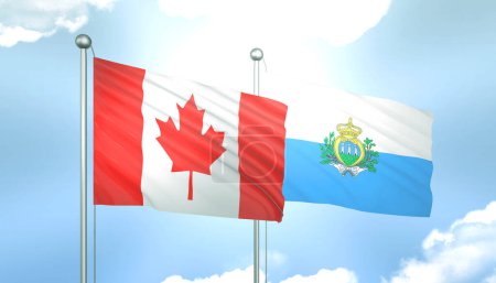3D Flag of Canada and San Marino on Blue Sky with Sun Shine