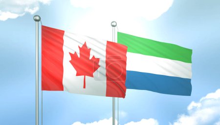 3D Flag of Canada and Sierra Leone on Blue Sky with Sun Shine