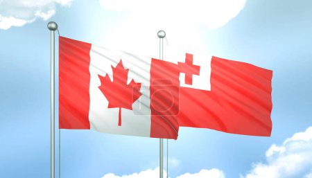 3D Flagge von Kanada und Tonga auf blauem Himmel mit Sonnenschein