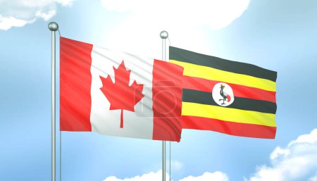 3D Flag of Canada and Uganda on Blue Sky with Sun Shine