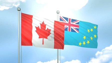 3D Flag of Canada and Tuvalu on Blue Sky with Sun Shine