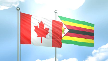 3D Flag of Canada and Zimbabwe on Blue Sky with Sun Shine