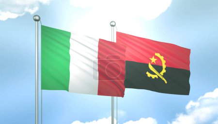 3D Flag of Italy and Angola on Blue Sky with Sun Shine