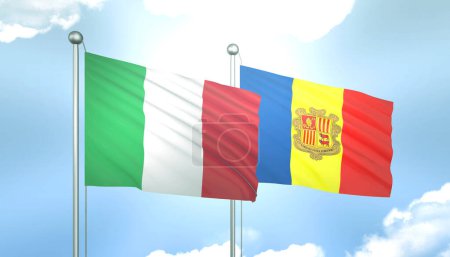 3D Flagge von Italien und Andorra auf blauem Himmel mit Sonnenschein