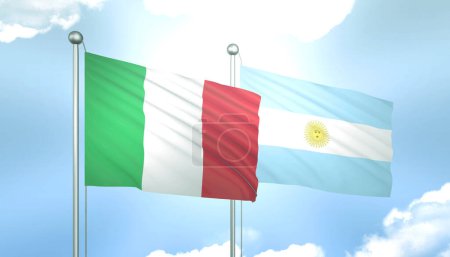 3D-Flagge von Italien und Argentinien auf blauem Himmel mit Sonnenschein