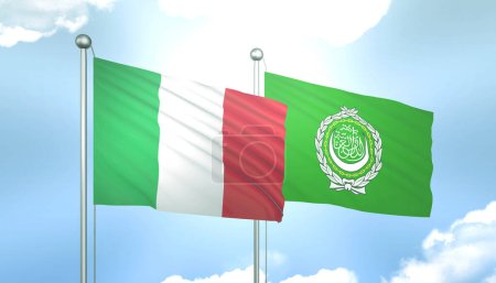 3D Flag of Italy and Arab League on Blue Sky with Sun Shine