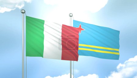 3D Flag of Italy and Aruba on Blue Sky with Sun Shine