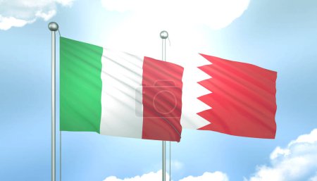 3D Flag of Italy and Bahrain on Blue Sky with Sun Shine