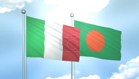 3D Flag of Italy and Bangladesh on Blue Sky with Sun Shine