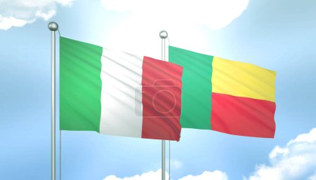 3D Flag of Italy and Benin on Blue Sky with Sun Shine