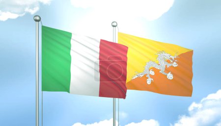 3D-Flagge von Italien und Bhutan auf blauem Himmel mit Sonnenschein