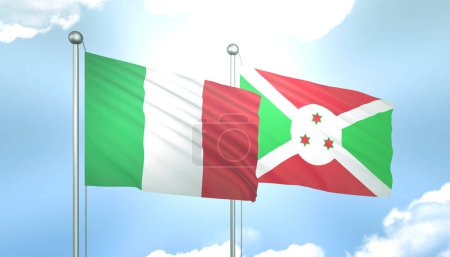3D Flag of Italy and Burundi on Blue Sky with Sun Shine