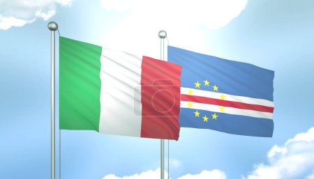 3D Flag of Italy and Cape Verde on Blue Sky with Sun Shine