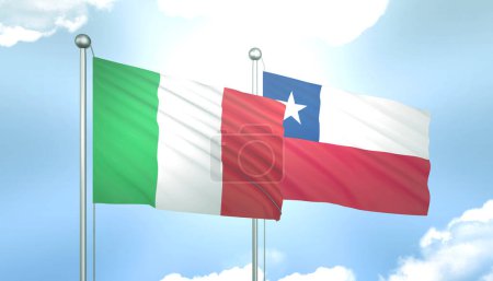 3D Flag of Italy and Chile on Blue Sky with Sun Shine
