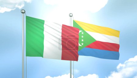 Drapeau 3D de l'Italie et des Comores sur ciel bleu avec soleil brillant