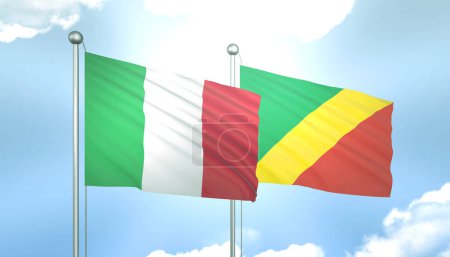 3D Flag of Italy and Congo Republic on Blue Sky with Sun Shine
