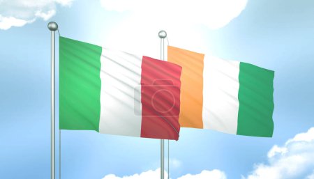 3D Flag of Italy and Cote Divoire on Blue Sky with Sun Shine