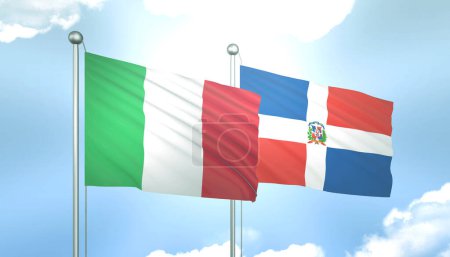 3D Flagge von Italien und Dominikus auf blauem Himmel mit Sonnenschein