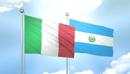 3D Flag of Italy and El Salvador  on Blue Sky with Sun Shine