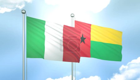 3D Flag of Italy and Guinea Bissau on Blue Sky with Sun Shine