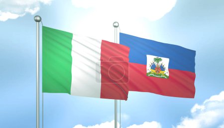 3D Flag of Italy and Haiti on Blue Sky with Sun Shine