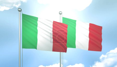 Bandera 3D de Italia e Italia en Cielo Azul con Sol Brillante