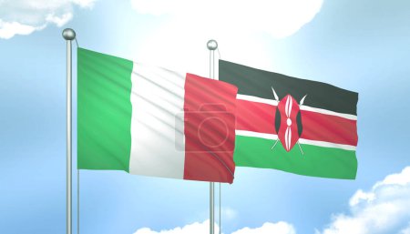 3D Flag of Italy and Kenya on Blue Sky with Sun Shine
