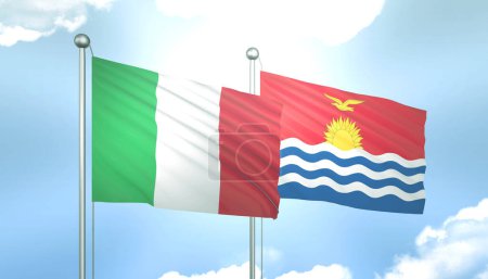 3D Flagge von Italien und Kiribati auf blauem Himmel mit Sonnenschein