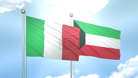 Drapeau 3D de l'Italie et du Koweït sur ciel bleu avec soleil brillant