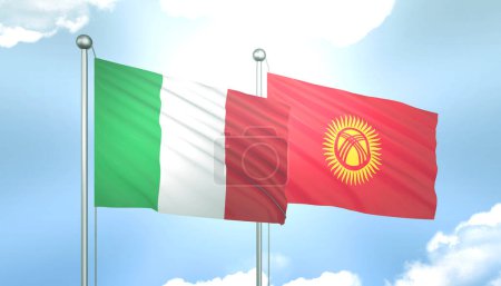 3D Flag of Italy and Kyrgyzstan on Blue Sky with Sun Shine