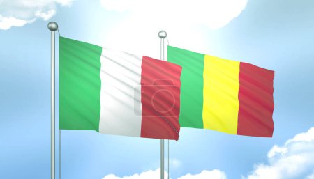 3D Flag of Italy and Mali on Blue Sky with Sun Shine
