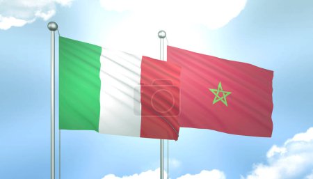 3D Flag of Italy and Morocco on Blue Sky with Sun Shine