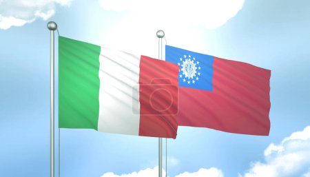 3D-Flagge von Italien und Myanmar auf blauem Himmel mit Sonnenschein