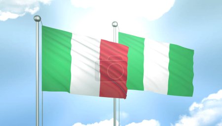3D Flagge von Italien und Nigeria auf blauem Himmel mit Sonnenschein