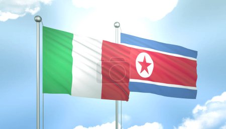 3D Flag of Italy and North Korea on Blue Sky with Sun Shine