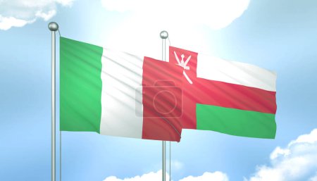 Drapeau 3D de l'Italie et d'Oman sur ciel bleu avec soleil brillant