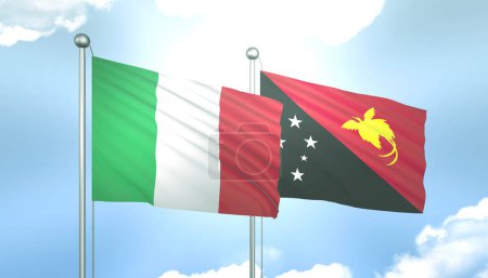 3D Flag of Italy and Papua New Guinea on Blue Sky with Sun Shine