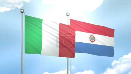 3D Flag of Italy and Paraguay on Blue Sky with Sun Shine