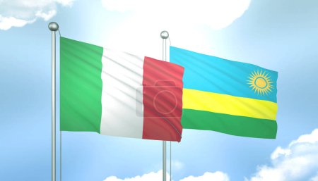 3D Flag of Italy and Rwanda on Blue Sky with Sun Shine