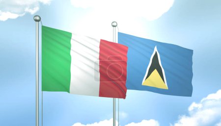 3D Flag of Italy and Saint Lucia on Blue Sky with Sun Shine