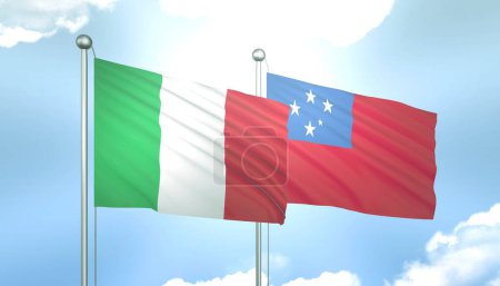 3D Flag of Italy and Samoa on Blue Sky with Sun Shine