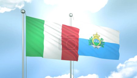 3D Flag of Italy and San Marino on Blue Sky with Sun Shine