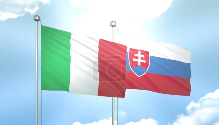 Drapeau 3D de l'Italie et de la Slovaquie sur ciel bleu avec soleil brillant