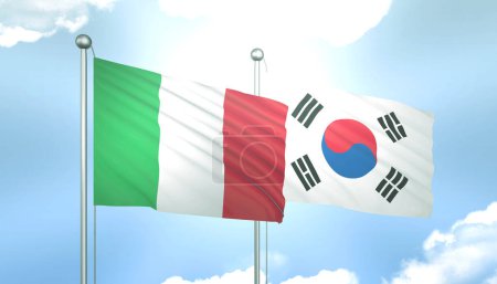 Drapeau 3D de l'Italie et de la Corée du Sud sur ciel bleu avec soleil brillant