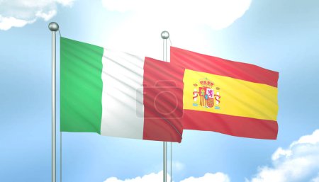 3D Flagge von Italien und Spanien auf blauem Himmel mit Sonnenschein
