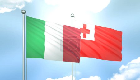 3D Flagge von Italien und Tonga auf blauem Himmel mit Sonnenschein
