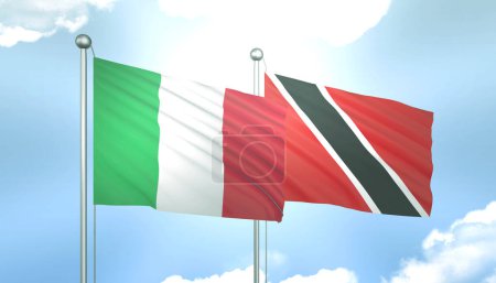 3D Flagge von Italien und Trinidad Tobago auf blauem Himmel mit Sonnenschein