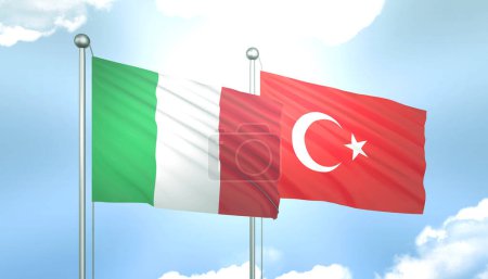 3D Flagge von Italien und der Türkei auf blauem Himmel mit Sonnenschein