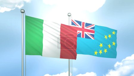 3D Flag of Italy and Tuvalu on Blue Sky with Sun Shine